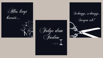 Drei Wandbilder mit Nähen-Themen und inspirierenden Texten.