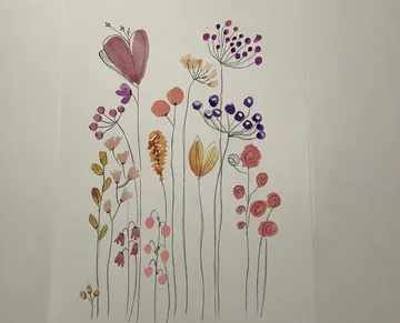 Colourful flower illustration on white paper, creatively arranged.