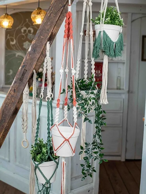 Hanging plant planters, green plants, rustic interior design.