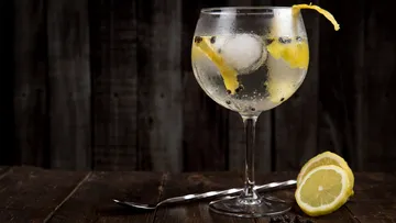 Ein Glas mit Wasser, Eis und Zitronenscheiben steht auf Holz.