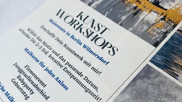 Art workshops are offered in Berlin, creative work. Text: ART WORKSHOPS Painting events in Berlin Wilmersdorf Create your work of art with me! Choose the design and the appropriate date, give yourself 2-3 hours of creative relaxation time! Painting courses for every occasion Corporate event bachelor party baby shower birthday