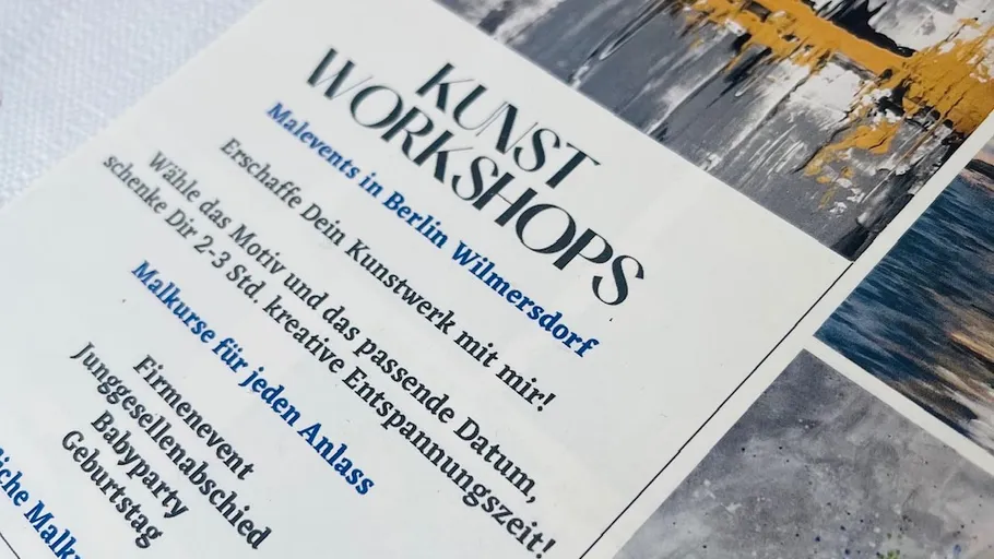 Kunstworkshops in Berlin werden angeboten, kreatives Schaffen. Text: KUNST WORKSHOPS Malevents in Berlin Wilmersdorf Erschaffe Dein Kunstwerk mit mir! Wähle das Motiv und das passende Datum, schenke Dir 2-3 Std. kreative Entspannungszeit! Malkurse für jeden Anlass Firmenevent Junggesellenabschied Babyparty Geburtstag