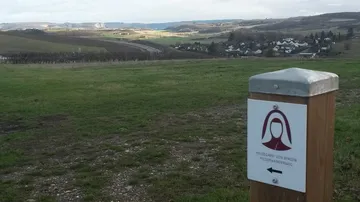 Signpost shows pilgrim trail with rural landscape in the background.