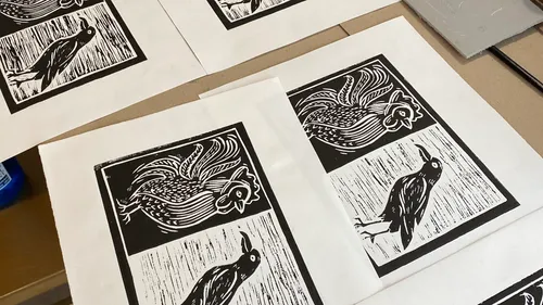 Prints of birds and chickens on paper