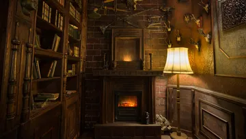 Wood fireplace with burning light in a cozy room.