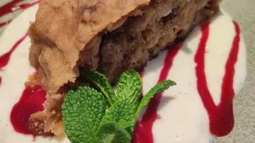Apple strudel lies on white sauce with raspberry sauce.