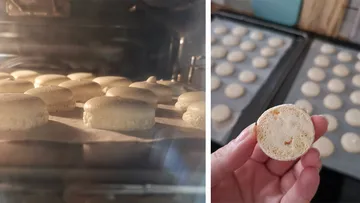Bake macarons in the oven; bright, warm interior