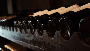 Wine bottles lie on a wooden rack in a room.