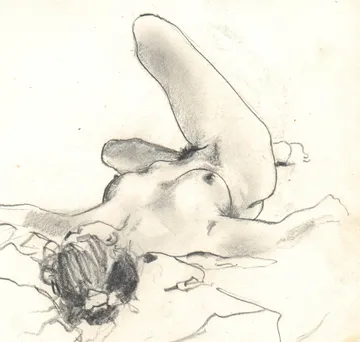 Naked figure lies relaxed on a towel.