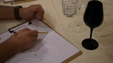 Auf dem Bild ist ein schwarzes Weinglas, ein Wasserglas und ein Tasting Grid zu sehen