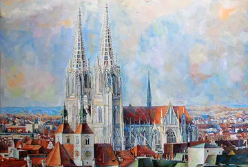Hochgotische Kathedrale erhebt sich über städtische Dächer.