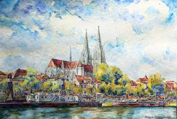 Watercolor depicts a city with churches and boats.