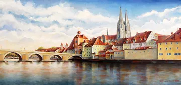 Painting of a city with a bridge reflected in water.