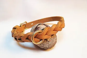 Ein geflochtener Lederarmband mit einem goldenen Ring und Stein.