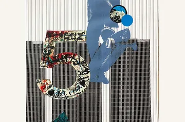 Buntes Kunstwerk mit einer skateboardenden Figur und Zahlen.