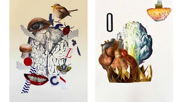 Kollage zeigt verschiedene Objekte und Gesichter in surrealer Anordnung.