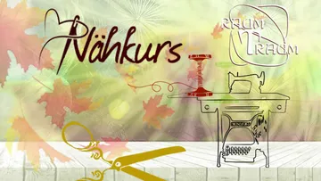 Sewing machine and scissors surrounded by colorful autumn leaves.