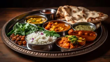 Edelstahlplatte mit verschiedenen indischen Gerichten und Naan.