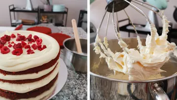 Mehrstöckiger Kuchen mit Himbeeren, während Buttercreme geschlagen wird.