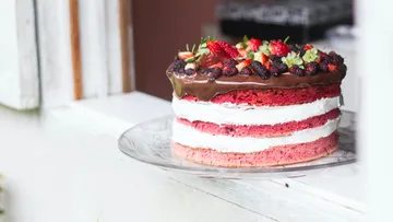 Bunte Torte steht auf einem Teller am Fensterbrett.