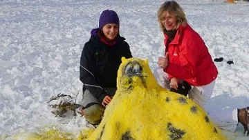Two women pose in the snow next to a yellow snow sculpture.