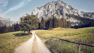 The trail leads through a quiet, mountainous landscape with trees.