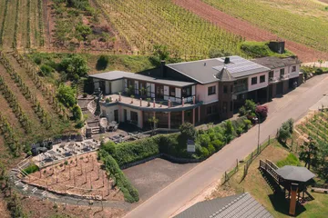 Weingut mit Terrasse, umgeben von Weinbergen und Straßen.