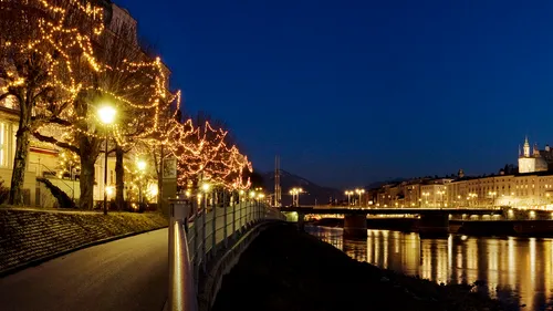 Illuminated trees by the river, night time in the city.
