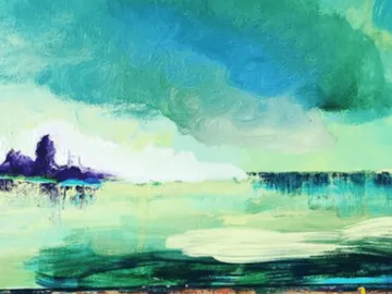 Abstract landscape with blue sky and calm water.