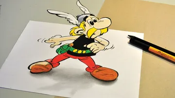 Comic book character with wings stands on paper and looks.