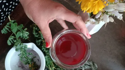 A glass of red liquid is held, surrounded by plants.
