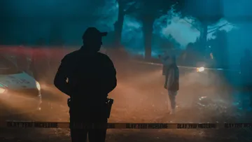Police officer monitors a scene with a foggy atmosphere and a barrier.