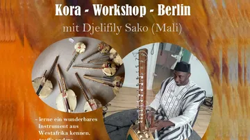 Kora and musicians play in a workshop environment in Berlin.