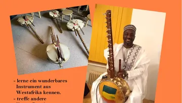 A man plays a kora in a classroom.