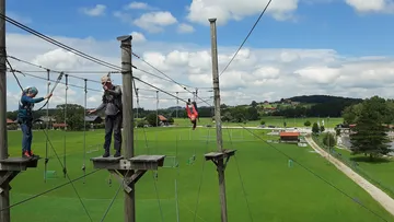 Three children balance on rope bridges over a green field.