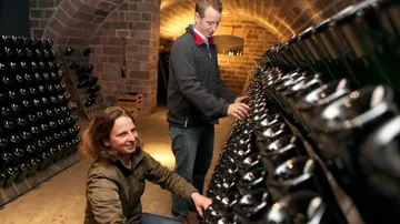 Two people work with bottles in a wine cellar.