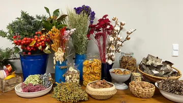 Bunte Trockenblumen und natürliche Zutaten auf einem Tisch.