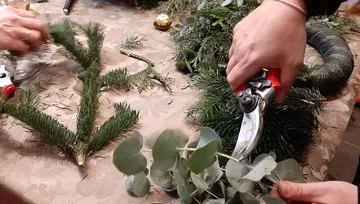 Hands cut plant material on a table for decoration.