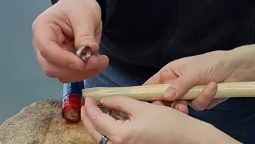 Hands hold a ring while working a stick.