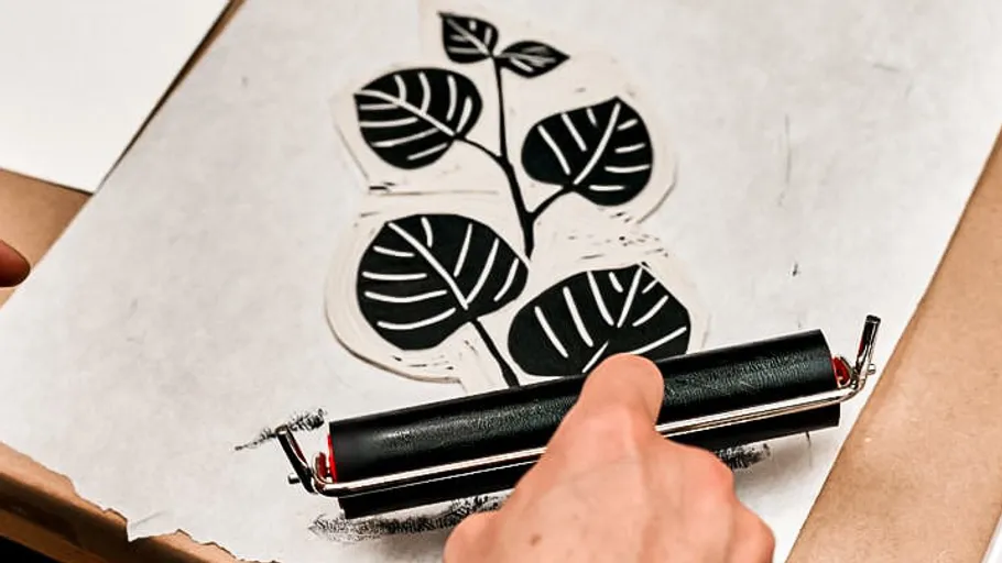 Ein Druckroller rollt über ein Blatt Papier mit Pflanzenmuster.