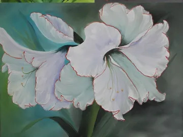 A pair of white flowers bloom against a dark, blurred background.