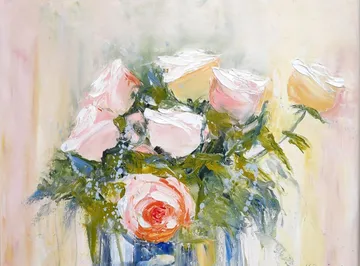 Rose flowers in a vase, arranged in a fresh and colorful way.