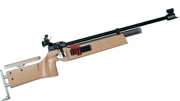 A sporting rifle lies horizontally, ready to shoot.