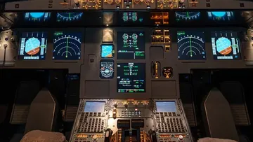 Cockpit with monitors, instruments and controls on the plane.