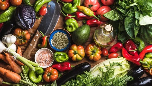 Colourful vegetables and herbs lie on a wooden table.