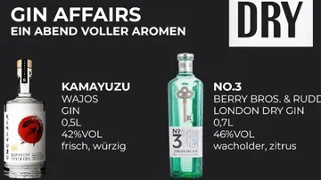 Zwei Gin-Flaschen, beschriftet mit Aromen und Inhaltsinformationen.