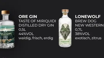 Zwei Gin-Flaschen, Informationen über Inhalt und Geschmack.