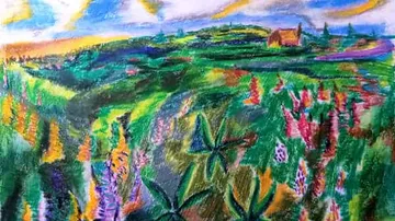 Colourful landscape with hills, flowers and a small house.