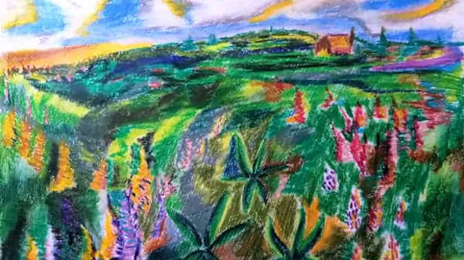 Bunte Landschaft mit Hügeln, Blumen und einem kleinen Haus.