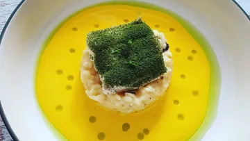 Risotto served in yellow sauce with green bread topping.